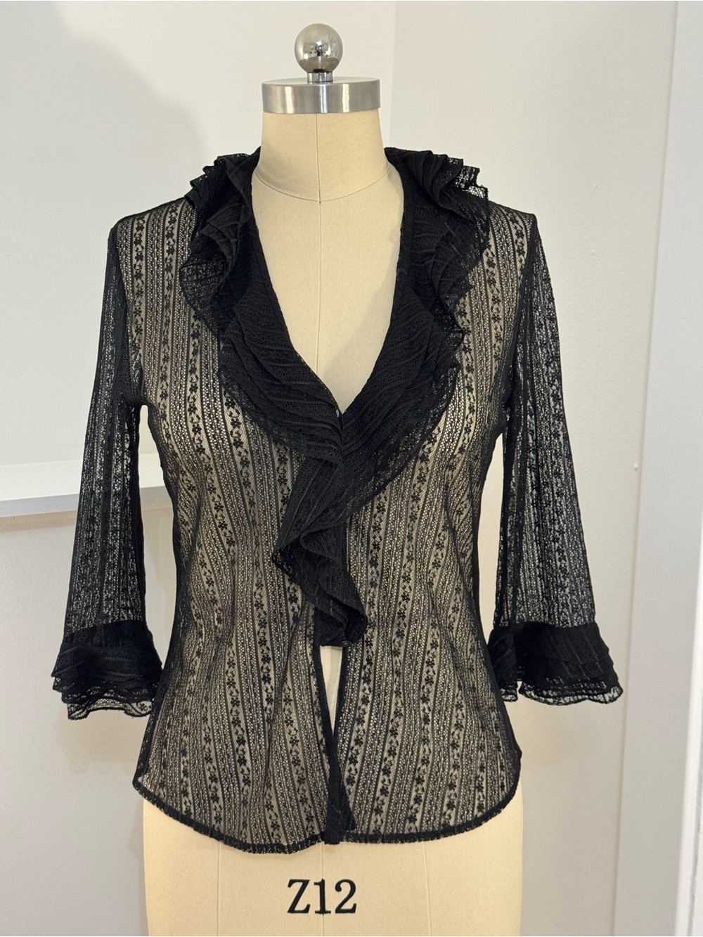 St. John Black Sheer Lace Ruffle Front Blouse